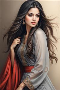 طرح گرافیکی زن باوقار ایرانی با شال قرمز و لباس خاکستری مناسب برای پوستر دیواری عمودی، چاپ روی دفترچه و ملزومات اتاق کار بانوان