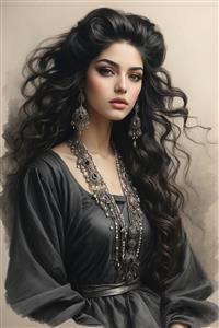 نقاشی دیجیتال پرتره زن ایرانی با موهای حالت‌دار و گردنبندهای سنتی خاص جهت استفاده در پوسترهای دیواری پشت میز پذیرش و آرایشگاه‌های زنانه