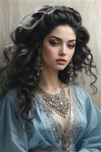 تصویر نقاشی چهره دختر جوان ایرانی با جواهرات پرزرق و برق و لباس حریر آبی، انتخابی عالی برای تابلوی دکوراتیو مزون‌ها و لابی هتل‌ها
