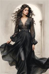 نقاشی دیجیتال زن زیبای ایرانی با لباس مجلسی مشکی و بلند خیره‌کننده مناسب برای پوستر دیواری پذیرایی و تالارها، قابل چاپ روی پرده و شاسی لوکس