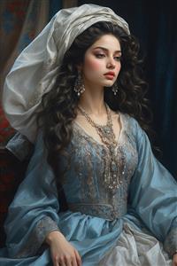 تصویرسازی لوکس بانوی ایرانی با لباس آبی درباری و جواهرات فیروزه ویژه پوستر دیواری مجلل و لابی