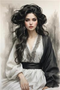 نقاشی دیجیتال چهره مدرن زن ایرانی با موهای پریشان مناسب سالن آرایش و پوستر دیواری اتاق مستر