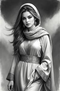 نقاشی کلاسیک سیاه و سفید از بانوی اصیل ایرانی با لباس سنتی مناسب پوستر دیواری سالن پذیرایی و ویلا