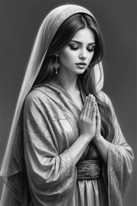 طراحی سیاه‌قلم حرفه‌ای از چهره زن ایرانی در حال نیایش با جزئیات بالا مناسب قاب عکس دکوراتیو و فضای سنتی هتل و رستوران