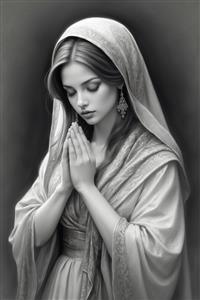 تصویر معنوی و آرام‌ بخش از زن ایرانی در حال نیایش با پوشش سنتی سفید و خاکستری