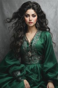 تصویر هنری خیره‌کننده از بانوی ایرانی با لباس سبز زمردی و موهای حالت‌دار برای دکوراسیون مجلل