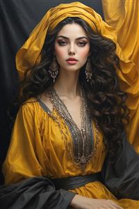 پوستر رنگی باشکوه از زن ایرانی با لباس زرد خردلی و جواهرات نقره‌ای در پس‌زمینه پارچه‌ای