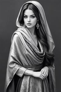 پرتره کلاسیک سیاه و سفید از دختر ایرانی با شال گلدوزی شده و گوشواره‌های بزرگ سنتی