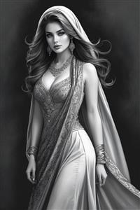 طرح سیاه و سفید فاخر از مدل زن ایرانی با جواهرات درخشان و لباس یقه باز سنتی ویژه سالن‌های مد