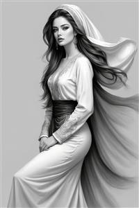 تصویر مونوکروم بانوی شیک‌ پوش ایرانی با استایل کلاسیک و شال حریر مناسب دکوراسیون مینیمال