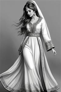 پوستر سیاه و سفید هنری از عروس زیبای ایرانی با لباس بلند گلدوزی شده و تور سر سنتی