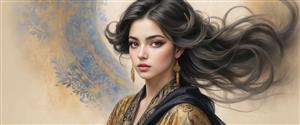 پرتره هنری دختر زیبای ایرانی با موهای افشان و لباس سنتی زرین برای تابلو دکوراتیو اتاق خواب و سالن‌های زیبایی