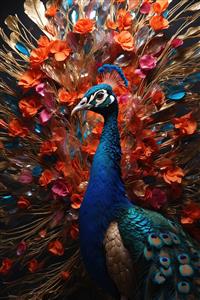 پوستر دیواری لوکس طرح طاووس با پرهای طلایی و گل‌های نارنجی مناسب پشت کاناپه و تالارهای پذیرایی مجلل