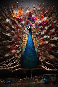 تصویر کلوزآپ طاووس با تاج طلایی و گل‌های نارنجی مناسب برای چاپ روی ماگ، کوسن و تابلوهای مربعی