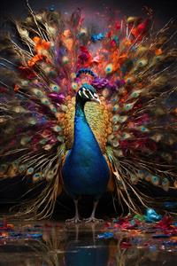 پوستر دیواری طاووس با دم گشوده و رنگ‌های نئونی فانتزی برای دکوراسیون مدرن و اتاق نوجوان