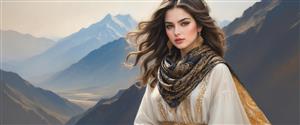 تصویر پانوراما زن در کوهستان برفی با پوشش سنتی مناسب برای پوستر دیواری عریض ویلاهای کوهستانی