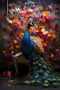طرح طاووس مجلل بر روی مبل سلطنتی با پس‌زمینه گل‌های وحشی برای پوستر دیواری تالار و اتاق پذیرایی