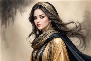 پرتره زن با شال مشکی و طلایی در زمینه مه آلود مخصوص چاپ روی شاسی و قاب عکس دکوراتیو اتاق خواب