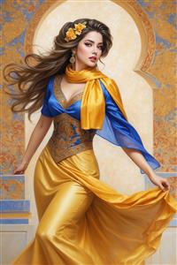 طرح پوستر دیواری چهره فانتزی زن با لباس آبی و زرد در ورودی عمارت شرقی برای راهرو و لابی هتل