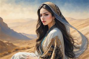 تصویر هنری زن در چشم‌انداز کویر و صحرا مناسب برای پوستر دیواری ویلا، رستوران‌های سنتی و کافی‌شاپ