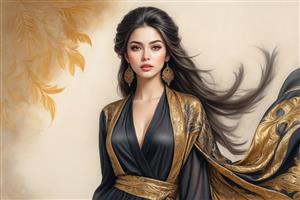 طرح گرافیکی زن با لباس حریر مشکی و جزئیات طلایی مخصوص چاپ روی دفترچه، فولدر و وسایل تزیینی