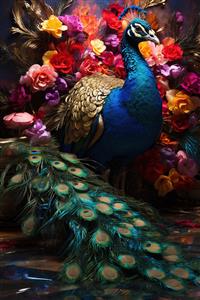 پوستر سه بعدی طاووس و دسته گل‌های رز رنگی ایده آل برای اتاق خواب، مزون‌های لباس و آرایشگاه‌های زنانه