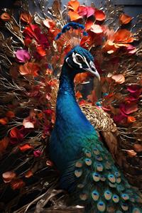 تصویر باکیفیت طاووس مغرور با پرهای رنگارنگ و تزیینات گل‌فام برای چاپ پوستر دیواری و کوسن‌های فانتزی