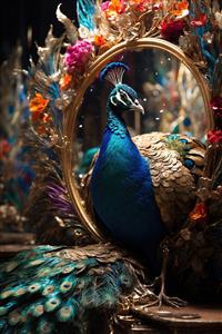 طرح رویایی طاووس در میان گل‌ها و قاب طلایی مناسب برای پوستر دیواری سه بعدی و تابلو دکوراتیو تالار پذیرایی