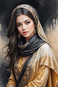 نقاشی دیجیتال چهره بانوی باوقار با رنگ‌بندی طلایی و دودی ویژه قاب دکوراتیور و پوستر دیواری کلاسیک اتاق نشیمن