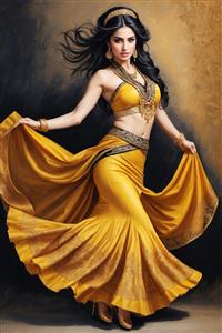 طرح نقاشی فیگوراتیو رقصنده با لباس زرد درخشان ایده آل برای تابلو بوم و پوستر سه بعدی سالن‌های ورزشی و بدنسازی بانوان