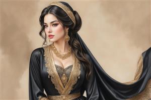 پرتره هنری زن اصیل با لباس مجلل مشکی و طلایی مناسب پوستر دیواری سالن پذیرایی و اتاق خواب مستر