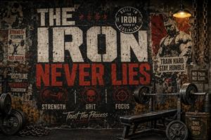 دکوراسیون دیواری جذاب با نوشته The Iron Never Lies، نیمکت پرس سینه و زنجیر در پس‌زمینه آجری، پوستر دیواری خشن برای سالن وزنه و بدنسازی