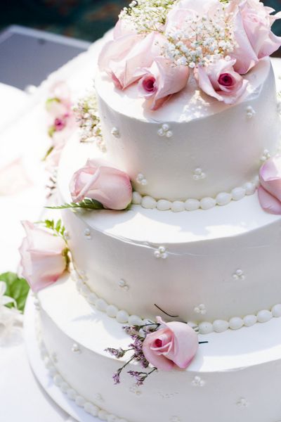 کیک سه طبقه با گل رز صورتی