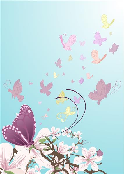 پروانه ها و گل های زیبا پروانه هایی که از گل های زیبا روی درخت پرواز می کنند بدون مش استفاده شده است