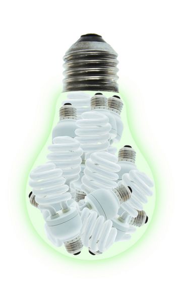 تصویر مفهومی از گروهی از لامپ های کم مصرف در داخل لامپ رشته ای روی سفید