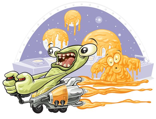 وکتور از یک بیگانه دیوانه که برای سوار شدن بر روی یک اسکوتر معیوب که سفینه فضایی اعضای خدمه و سیارات او را با نوعی رنگ یا رنگ نارنجی می پوشاند برده می شود