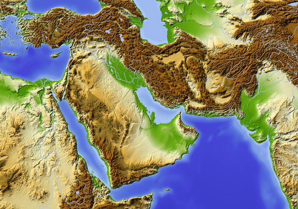 خاور نزدیک از مصر تا پاکستان نقشه برجسته سایه دار رنگی بر اساس ارتفاع منبع داده ناسا