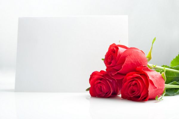 سه گل رز با کارت کاغذی خالی در پس زمینه سفید