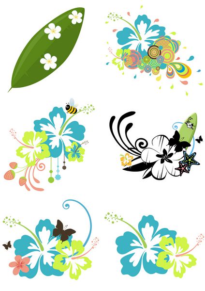 شش عنصر طراحی با گل های هاوایی با تم تابستانی جدا شده روی سفید