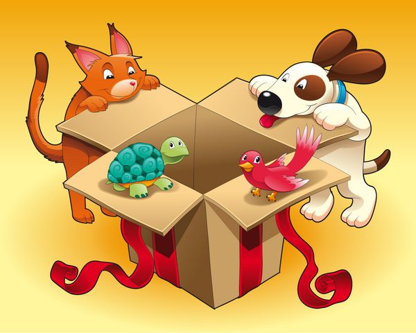 هدیه و حیوانات خانگی صحنه خنده دار کارتونی و وکتور اشیاء جدا شده