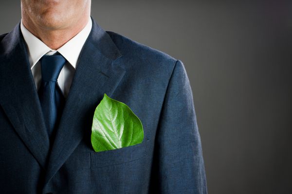 تاجر شیک با یک برگ سبز تازه در جیبش مفهوم تجارت سبز مراقب محیط زیست باشید
