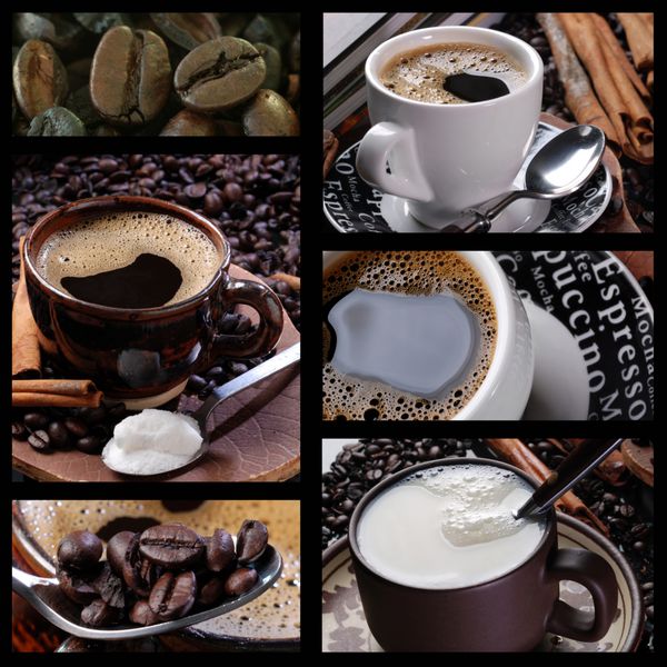 مونتاژ با تصاویر قهوه شیر شکر و غلات