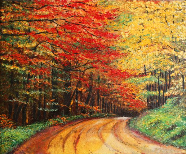 نقاشی رنگارنگ رنگارنگ اصلی که یک جنگل جاده را نشان می دهد