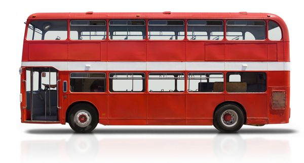 اتوبوس لندن دو طبقه قرمز جدا شده روی سفید با مسیر بریده
