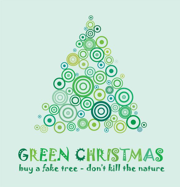 کارت سبز کریسمس برای جشن گرفتن و Eco 25 دسامبر با یک درخت جعلی بدون کشتن یک درخت واقعی