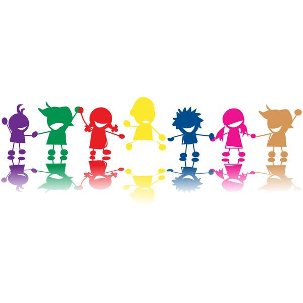 سیلوئت های کودکان در رنگ ها و نژادهایی که دست در دست هم گرفته اند