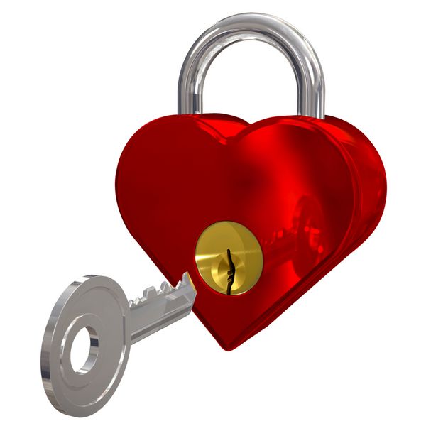 قفل قرمز به شکل قلب با کلید و مسیر برش