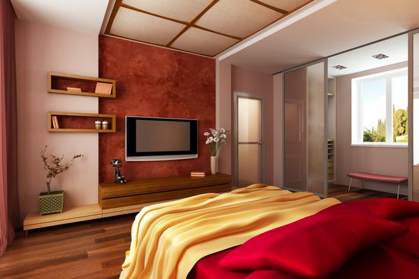رندر سه بعدی داخلی اتاق خواب به سبک مدرن
