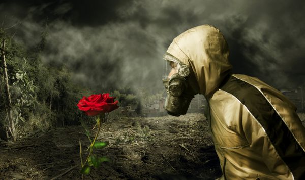 مردی با ماسک گاز به گل رز نگاه می کند