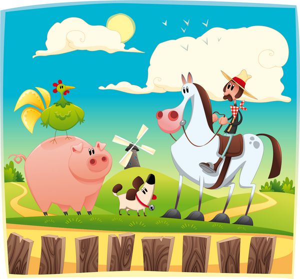 کشاورز بامزه با حیوانات کارتون و وکتور اشیاء جدا شده